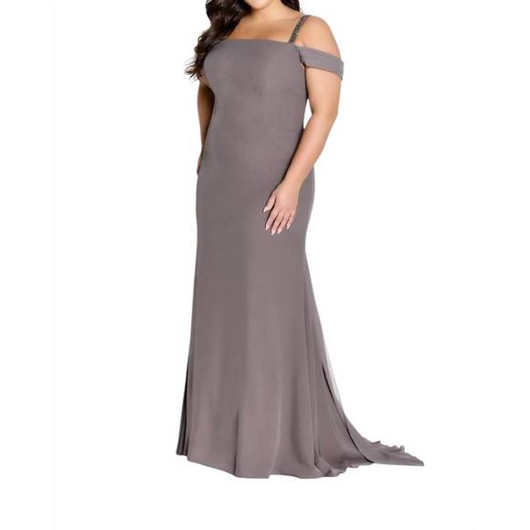 NEW CAMERON BLAKE off the shoulder with watteau train dress in mink - Picture 1 of 1